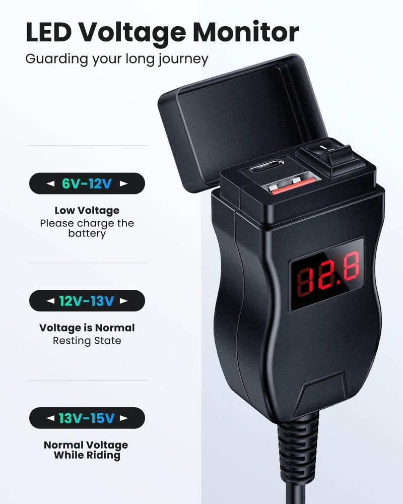 Randpow Motorcycle USB Charger(38W), 6.8A USB Type C 2-in-1 Motorcycle Phone Charger Port, SAE to USB Adapter with ON/Off Switch and LED Voltage Monitor, Suitable for Dirt Bike, ATV (Red) - Image 4